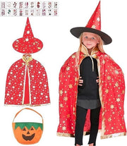 Costume di Halloween per bambini, mantello streghe, mantello streghe con cappello, costume di Halloween per bambini con sacchetto di caramelle di zucca e 20 tatuaggi di Halloween per bambini, cosplay