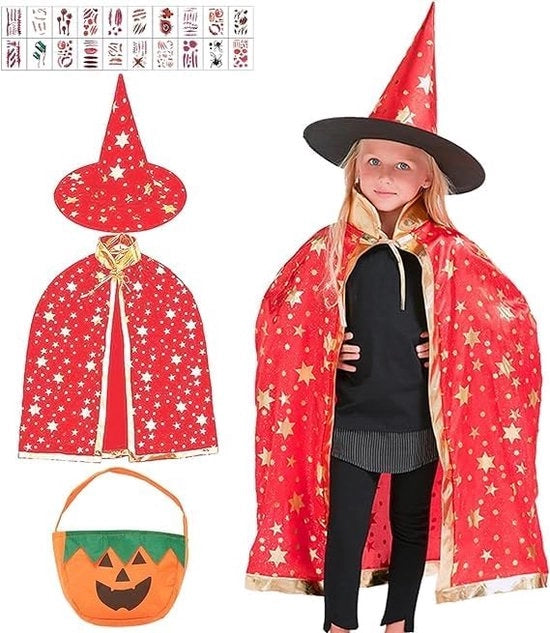Costume di Halloween per bambini, mantello streghe, mantello streghe con cappello, costume di Halloween per bambini con sacchetto di caramelle di zucca e 20 tatuaggi di Halloween per bambini, cosplay