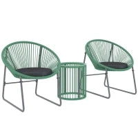 Set Mobili da Esterno 3 Pezzi, 1 Tavolo, 2 Sedie, Piano in Vetro, Rattan Sintetico Avvolto Intorno a Telai in Acciaio, Cuscini Soffici, Verde