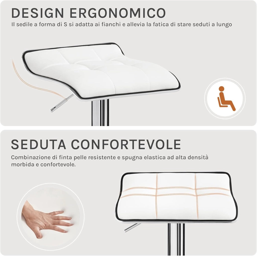 Sgabello da Cucina/Bar, Sedia da Bancone con Poggiapiedi, Altezza Regolabile, Girevole a 360°, Rivestimento in PU, Struttura in Metallo, per Cucina, Soggiorno, Bar, Caffè, Bianco