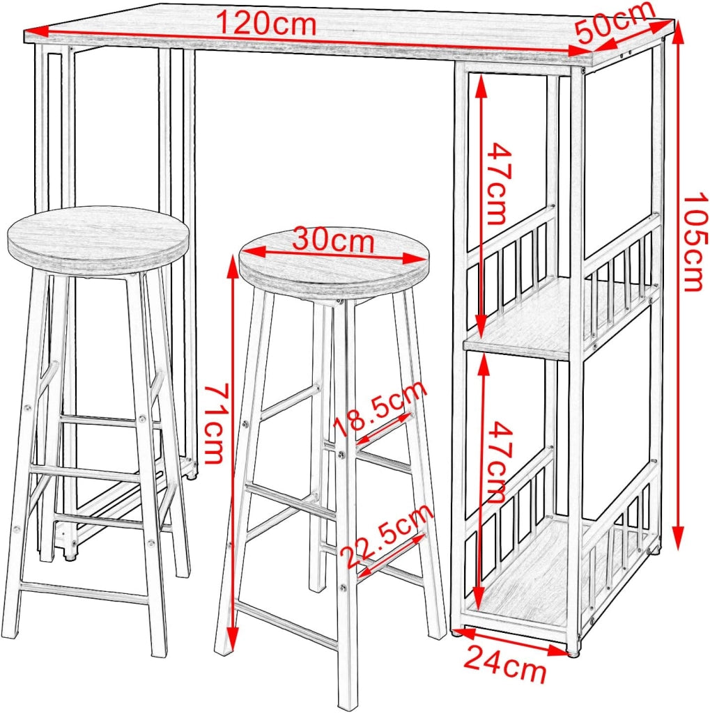 Tavolo Alto da Bar con 2 Sgabelli Bancone per Cucina in Acciaio Legno