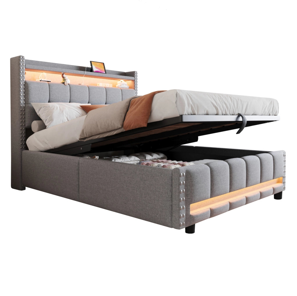 Letto imbottito 140x200 cm con contenitore idraulico; LED; USB e ripiani; lino grigio chiaro