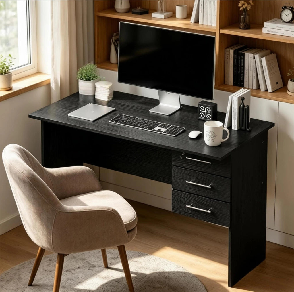 Scrivania da ufficio in legno nero 120x75x60 cm con 3 cassetti e piano resistente