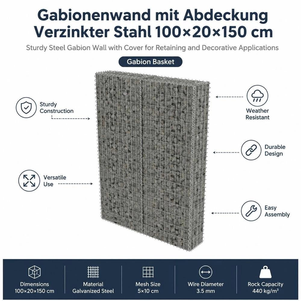 Gabion Wall With Cover, Galvanized Steel, 100x20x150 Cm