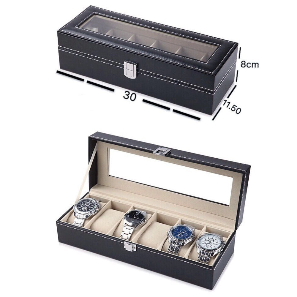 Trade Shop - Scatola Porta Orologi 6 Posti Con Vetro Custodia Elegante Effetto Pelle Nero -