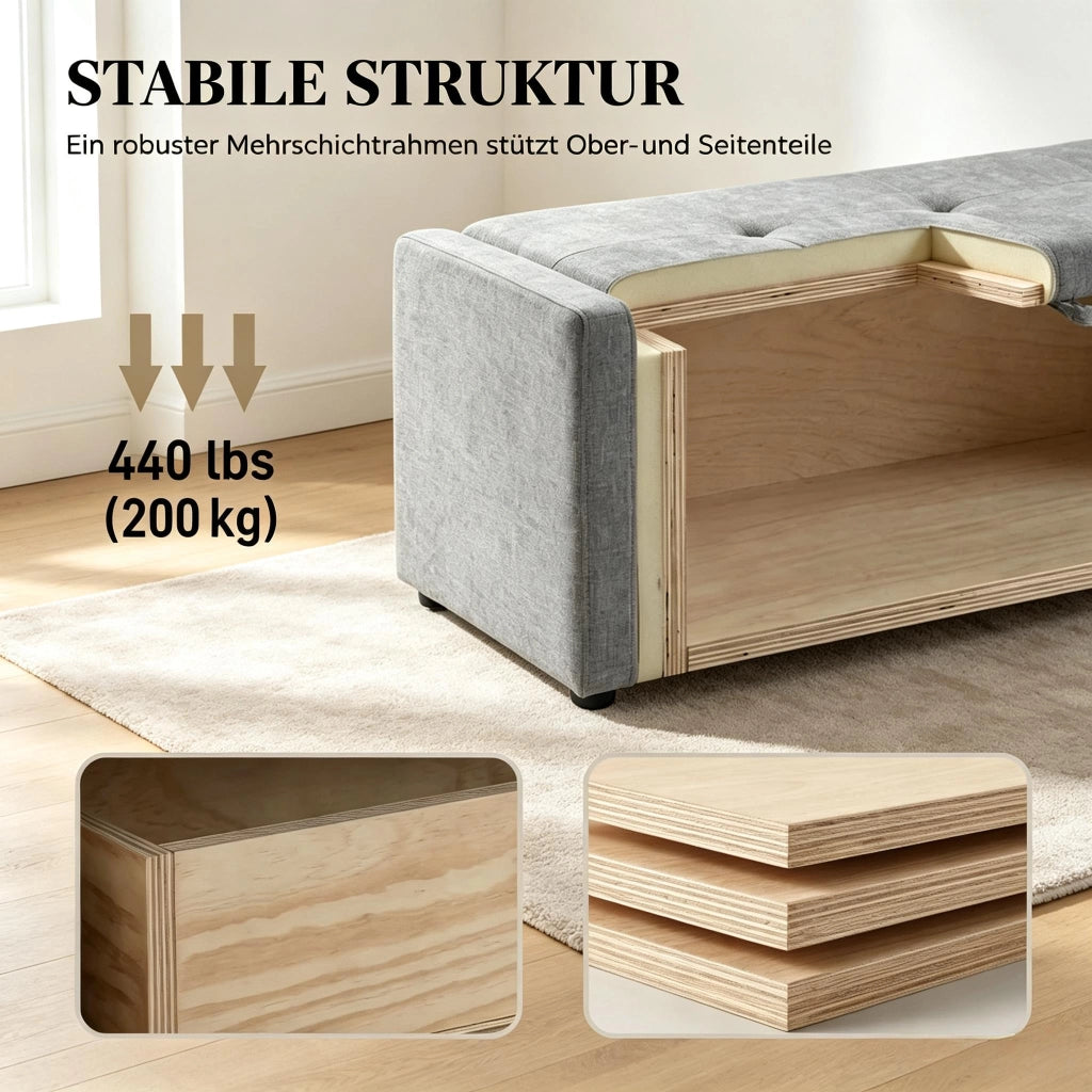 Panca contenitore con vano portaoggetti, seduta larga 122 cm e rivestimento in lino, per camera da letto, grigio chiaro