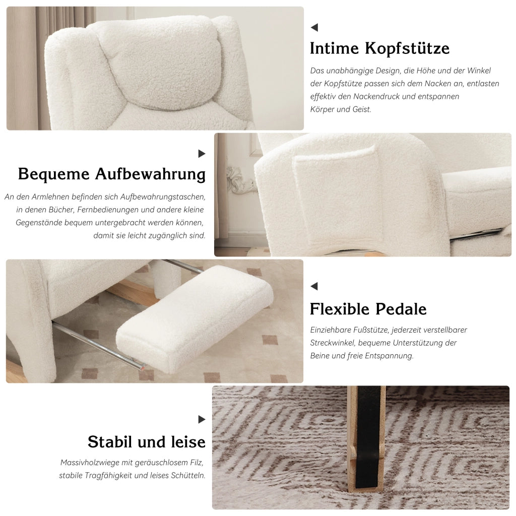 poltrona a dondolo con poggiatesta; poggiapiedi pieghevole e schienale ergonomico in tessuto bouclÃ© bianco 66 Ã— 125 Ã— 101 cm