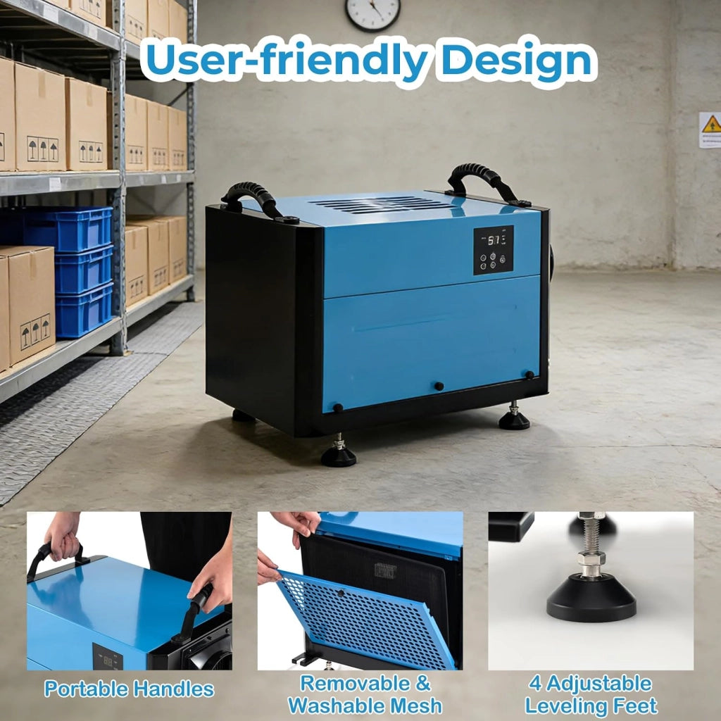 Deumidificatore Elettrico 73,5 L/Giorno, 403 m³/H, Deumidificatore Professionale 3 Modalità, Tubo di Scarico, Filtro Rimovibile, per Cantine, Magazzini, Scantinati (Blu, 58 X 38 X 36 CM)