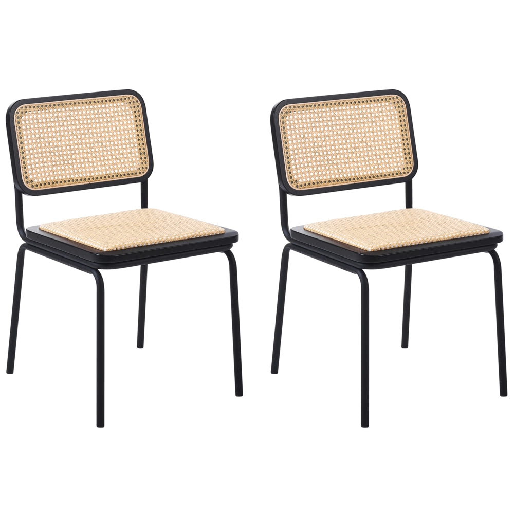 Set di 2 sedie da pranzo con seduta e schienale in rattan PE nero gambe in ferro senza braccioli cappucci protettivi design boho moderno