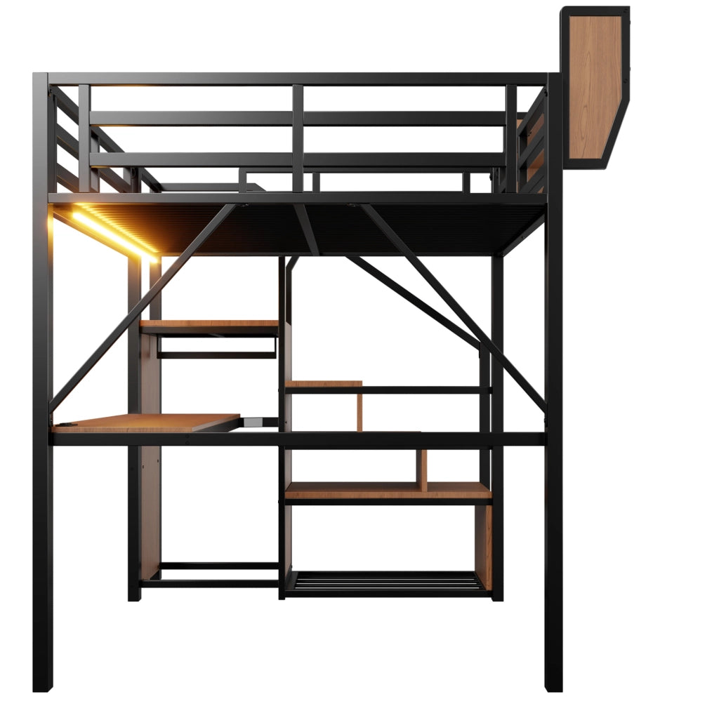 Letto a soppalco 140x200 cm con scrivania, LED e ripiani in metallo e MDF nero