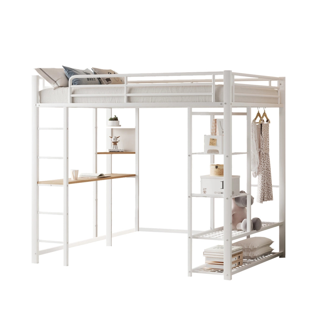 Letto a soppalco multifunzionale 90x200 cm con scrivania, armadio e ripiani