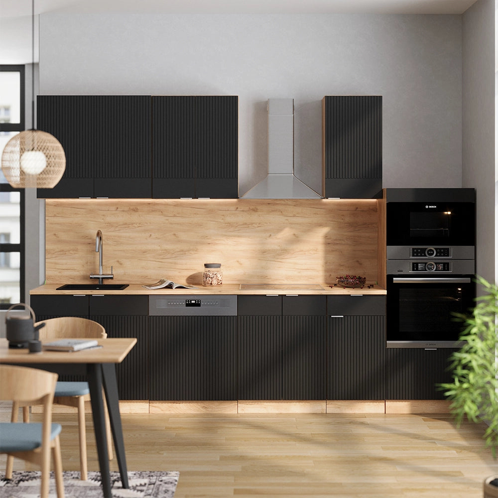 Cucina componibile Fame-Line Nero rigato/Rovere dorato 300 cm con armadio alto, PL Marmo Vicco