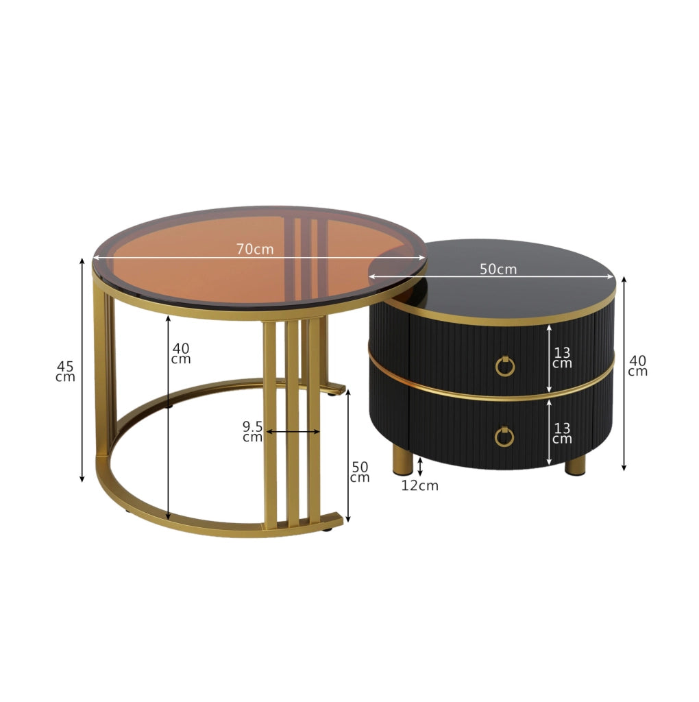 Set 2 tavolini da caffè rotondi con 2 cassetti; piano lucido e vetro temperato marrone; nero