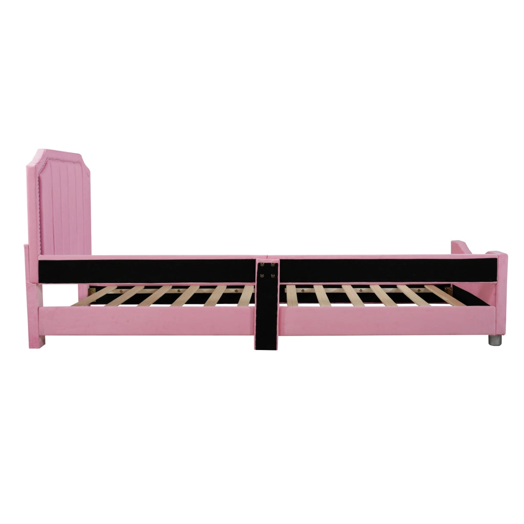 Letto per bambini 90×200 cm letto singolo con schienale; braccioli e doghe in legno; senza materasso; rosa