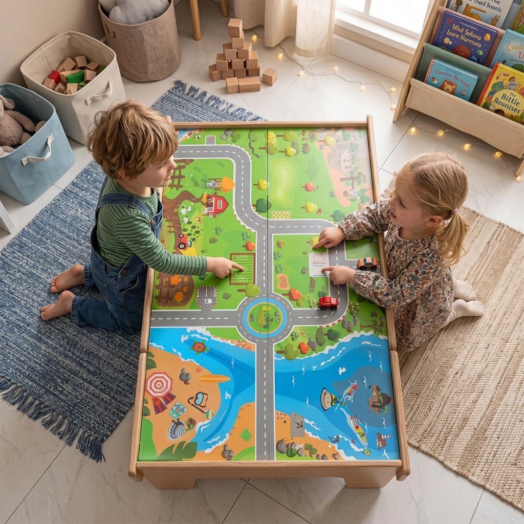 Tavolo attivit¨¤ con 110 pz giocattoli trenino con cassetto e piano reversibile e rimovibile sistema di traffico e mappa, Tavolino creativo per gioco e studio