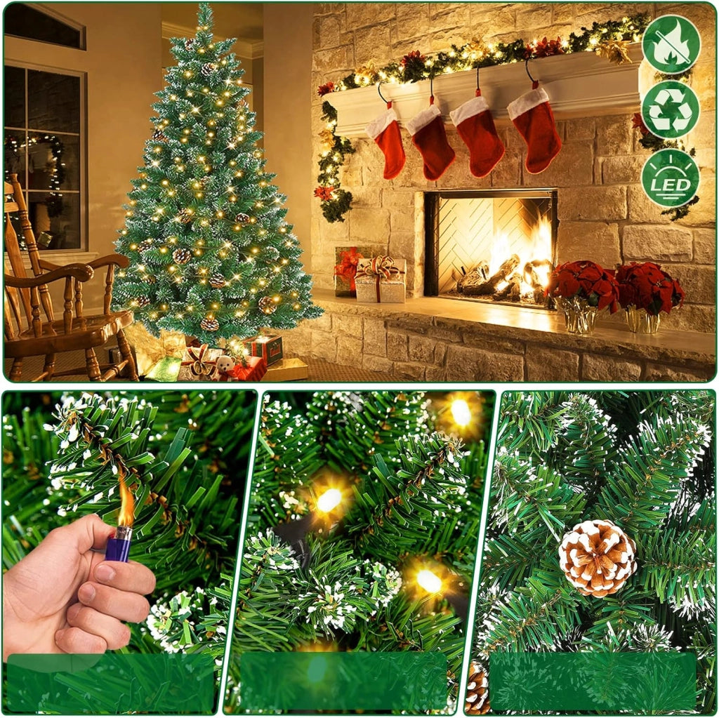 Albero di Natale artificiale con illuminazione, 210 cm, in PVC, albero di Natale artificiale, con 350 LED e supporto, decorazione natalizia con neve e pigne