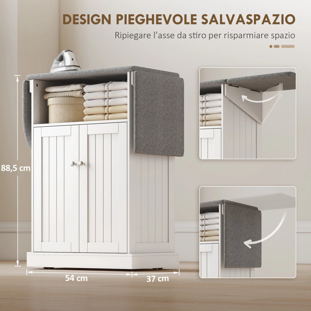 Mobile con Asse da Stiro Pieghevole 131x37x88,5 cm e Armadietto in MDF Bianco