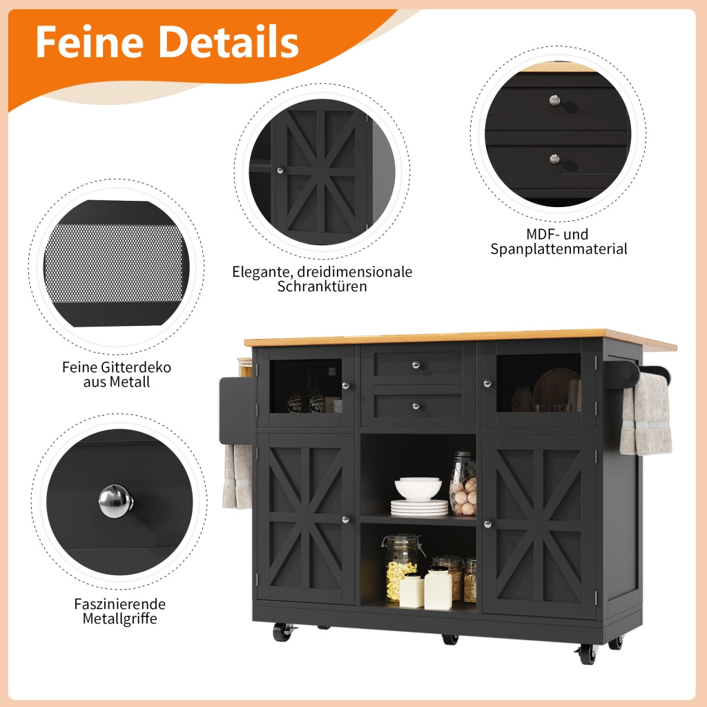 CARRELLO DA CUCINA 140x70/40x93,5 cm Nero in MDF con piano ribaltabile