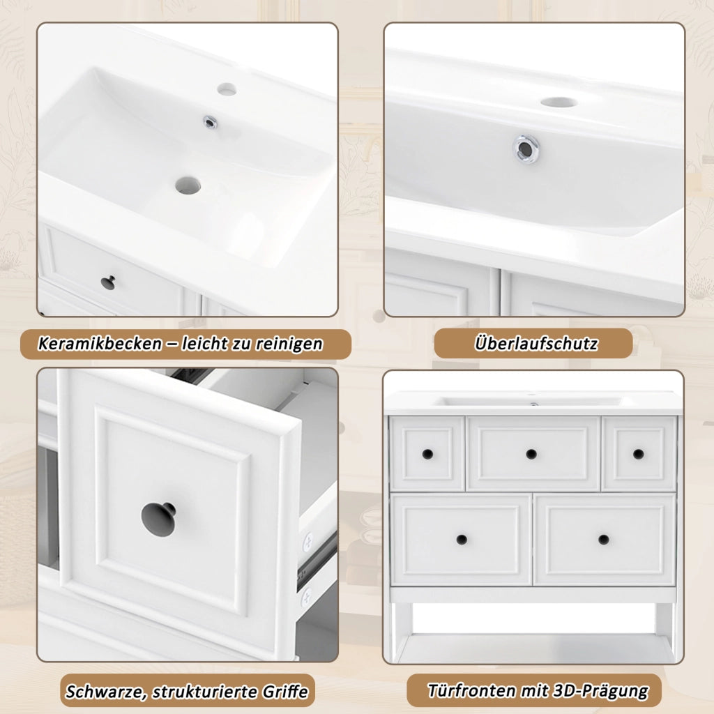 Mobile lavabo freestanding bianco con lavabo in ceramica e 5 cassetti