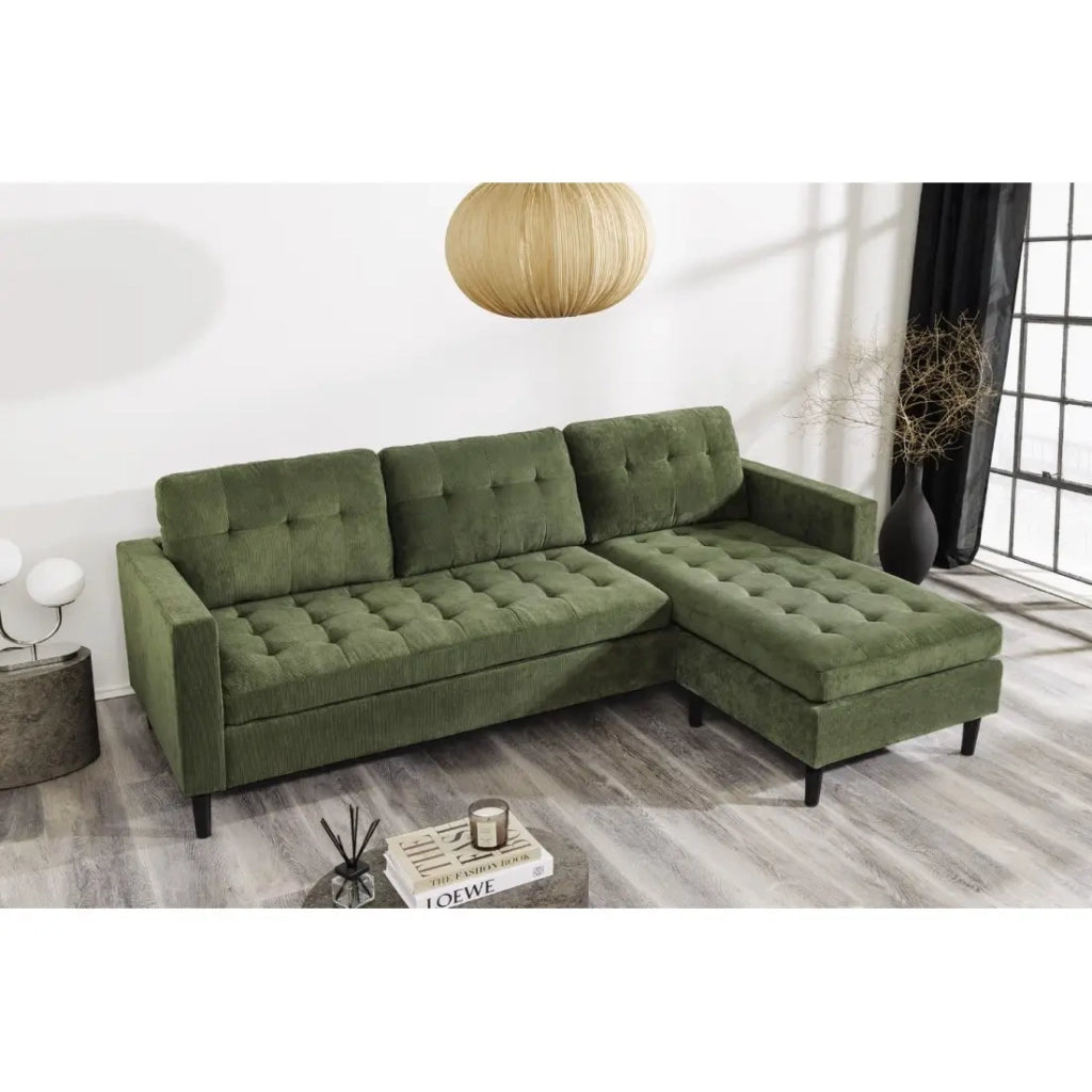 Divano ad angolo CITY verde scuro reversibile – Divano contemporaneo in velluto a coste