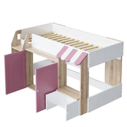 Letto a soppalco basso 90x200 cm bianco; rosa e legno naturale con scala; ante e ripiani