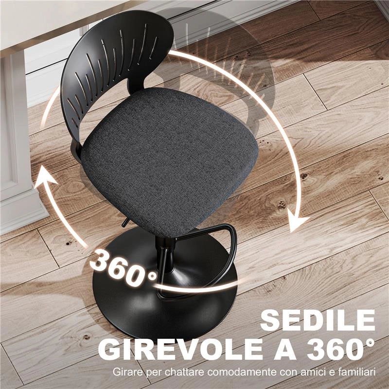 SET 2 SGABELLI DA BAR TRASPIRANTI IN TESSUTO EFFETTO LINO E METALLO CON POGGIAPIEDI, 40.5X43X84-105 CM, NERO