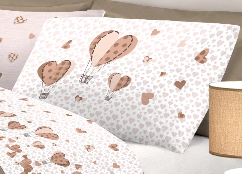 Completo Lenzuola Linea Pensieri Delicati 100% Cotone Disegno Mongolfiera - Matrimoniale - Beige
