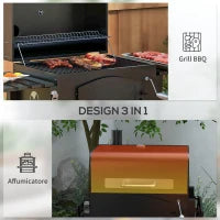 Barbecue da Giardino a 2 Ruote con Griglia, Affumicatore e Fornello, in Metallo e Ghisa, 124x66x112 cm, Nero