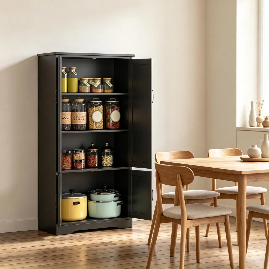 Credenza da cucina con 2 ante, 1 vano senza ripiano e 3 ripiani, design moderno, per cucina, nero, 60 × 30 × 123 cm