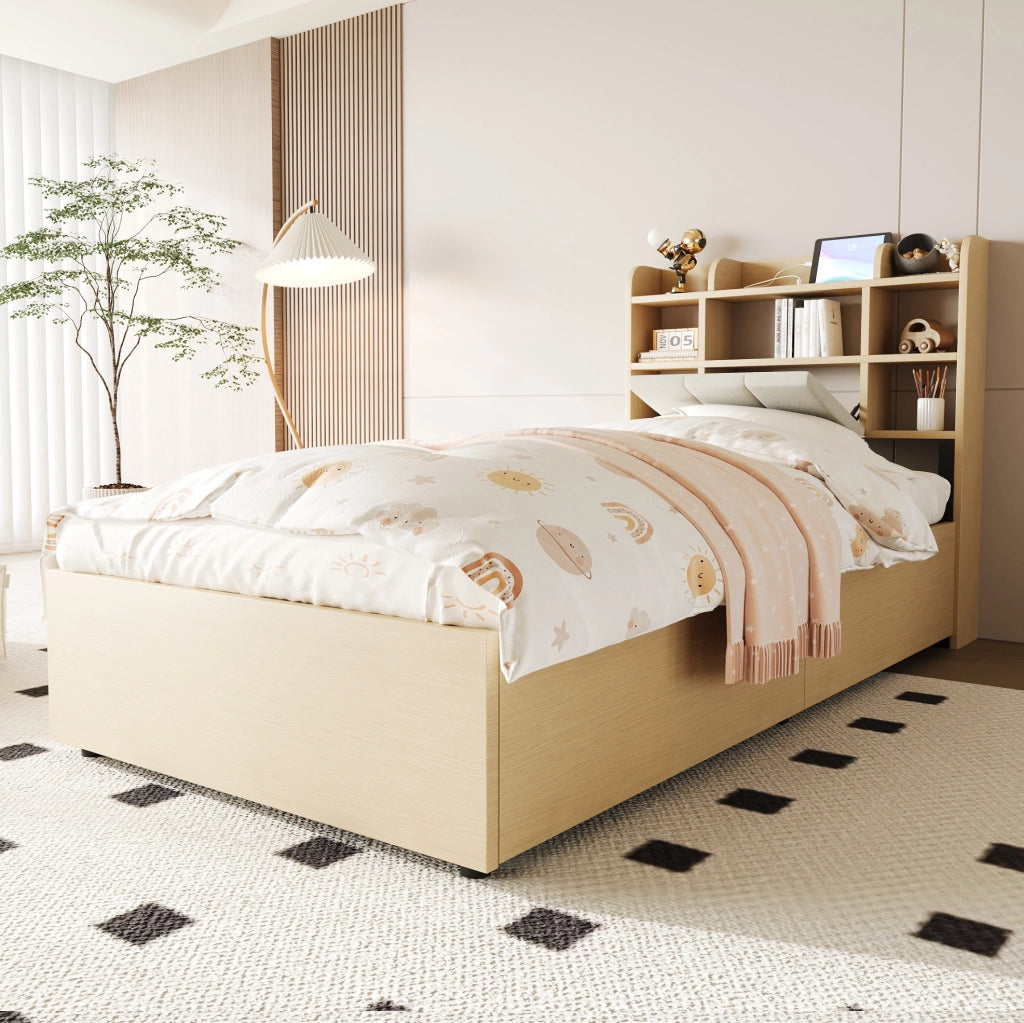 Letto singolo 90x200 cm con contenitore idraulico, testiera con ripiani e prese USB/Type-C