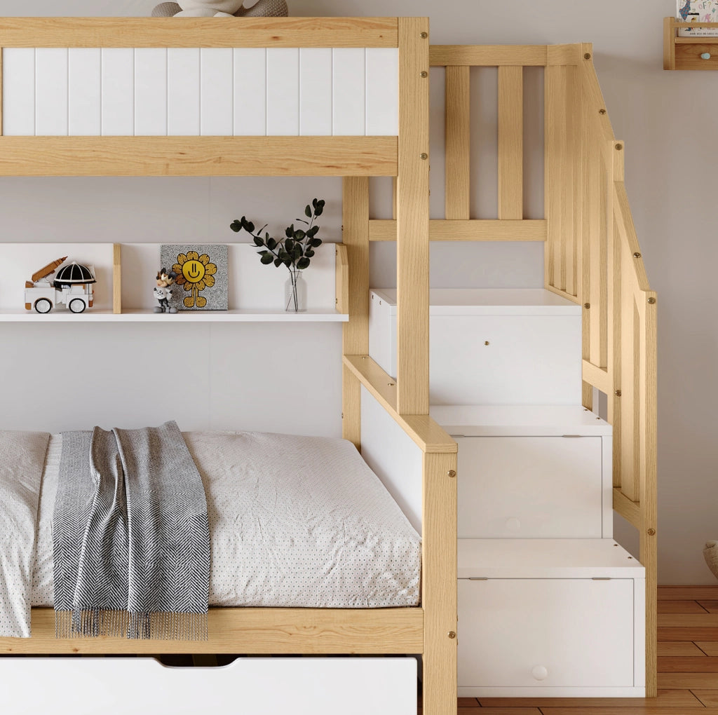 Letto a castello per bambini 3 posti con letto estraibile, armadio e scala contenitore