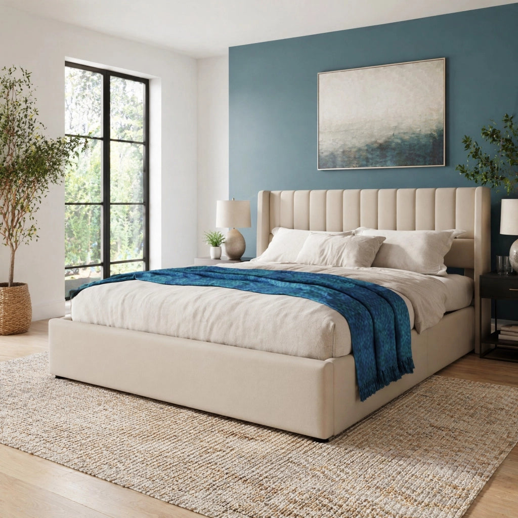 LETTO Contenitore Idraulico 140x200 cm Tessuto Lino Beige
