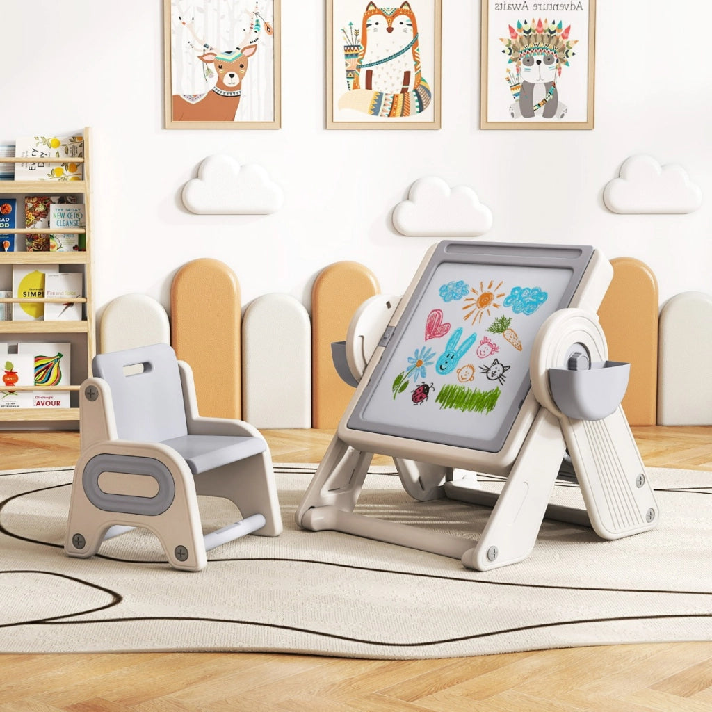 Set tavolo e sedia multifunzione 6 in 1 per bambini 18+ Mesi, Cavalletto pieghevole con piano reversibile e porta penne Grigio-Tavoli e sedie
