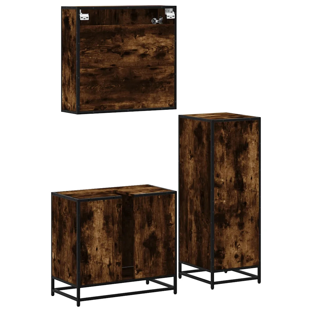 Set Mobili da Bagno 3 pz Rovere Fumo in Legno Multistrato