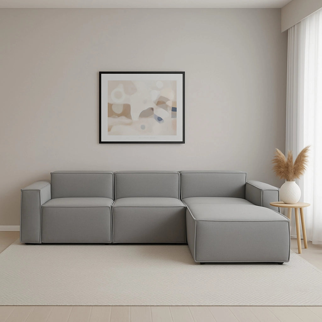 Divano fisso Ananas, Divano componibile a 3 posti con penisola destra, Made in Italy, SofÒ  moderno in tessuto, Cm 300x170h70, Grigio