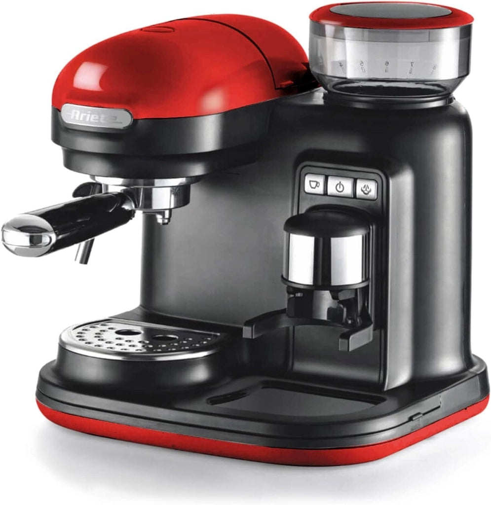 Ariete 1318 Macchina da Caffè con Macinacaffè - 1 filtro - Montalatte - 15 bar - 1080 Watt - 0,8 Litri - Linea Moderna - Rosso