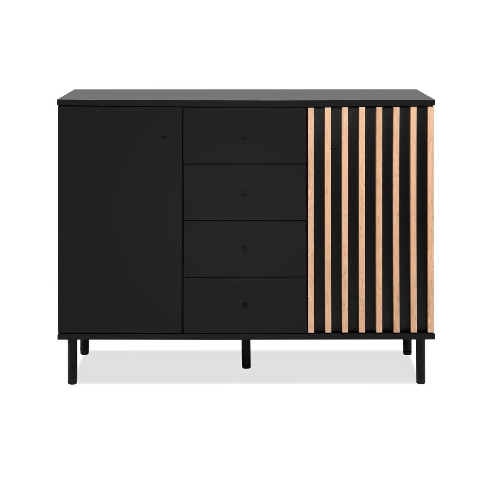 Madia moderna 2 ante e 4 cassetti nero con listelli rovere Monza01B 118x40x90H