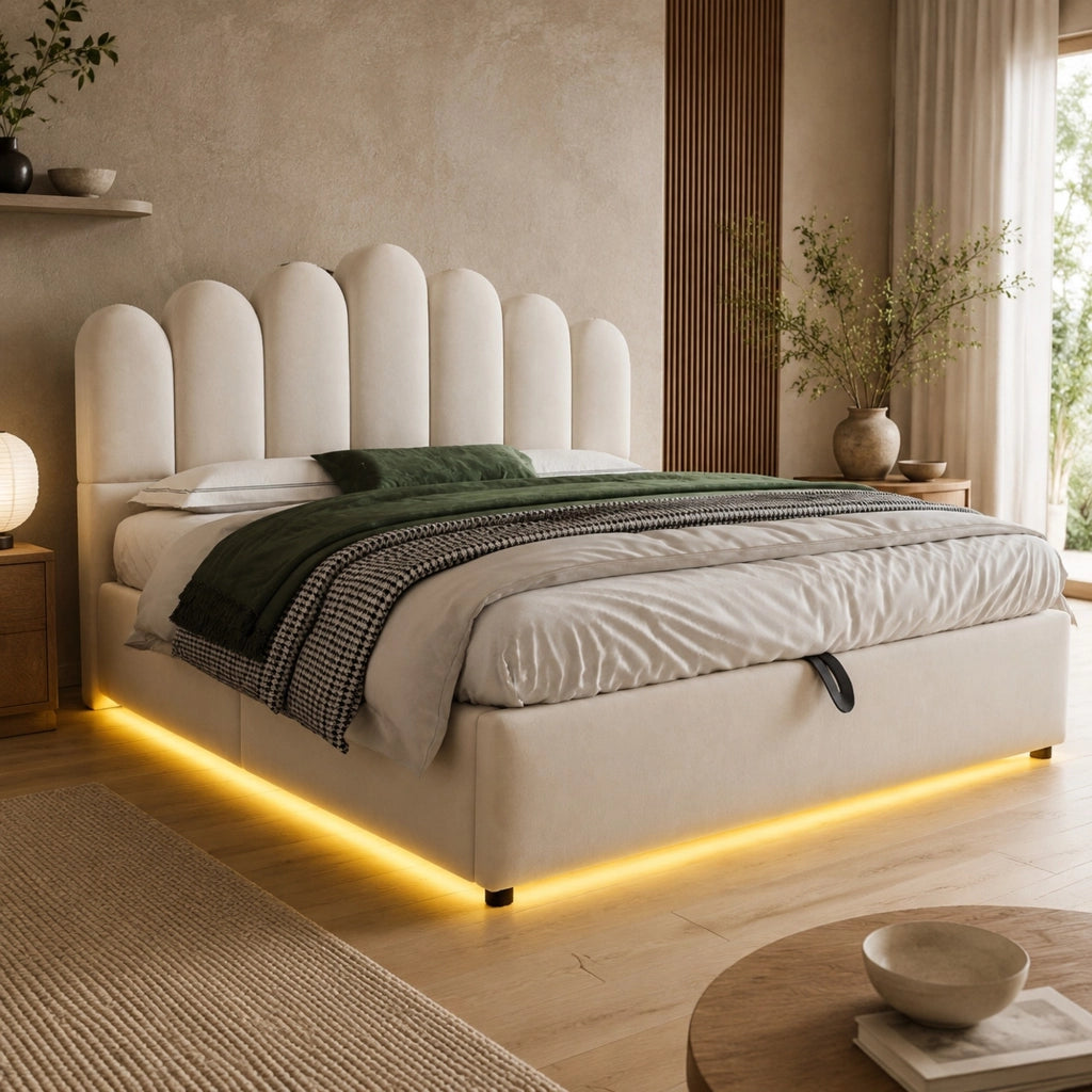 Letto matrimoniale imbottito 140x200 cm con contenitore idraulico; LED e velluto beige