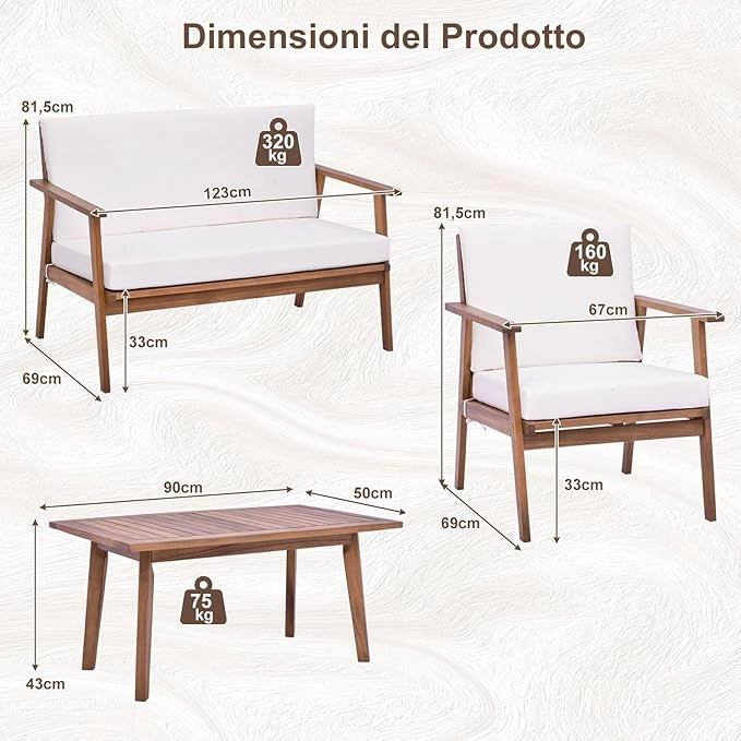Set di Conversazione da Esterno in 4 Pezzi, Set da Divano in Legno di Acacia con Cuscini Morbidi per Sedile e Schienale, Tavolino da Caffè Rettangolare, per Patio Giardino Piscina (Bianco)