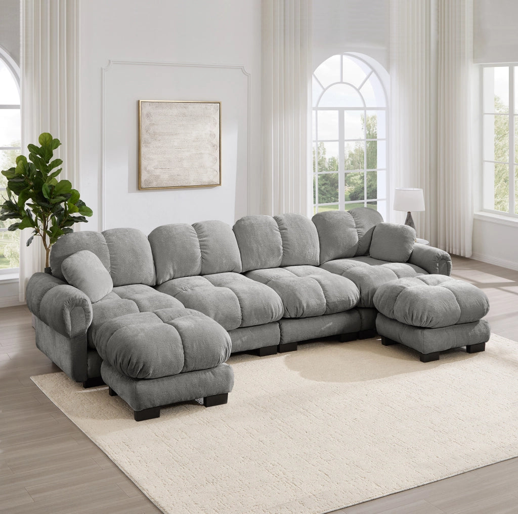 Divano modulare in chenille con 2 pouf mobili; configurazione a U o L; 330x149x90 cm; grigio chiaro