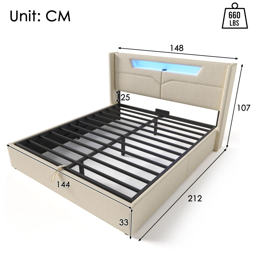 Letto imbottito 140x200 cm con contenitore; LED e USB Type-C in lino beige