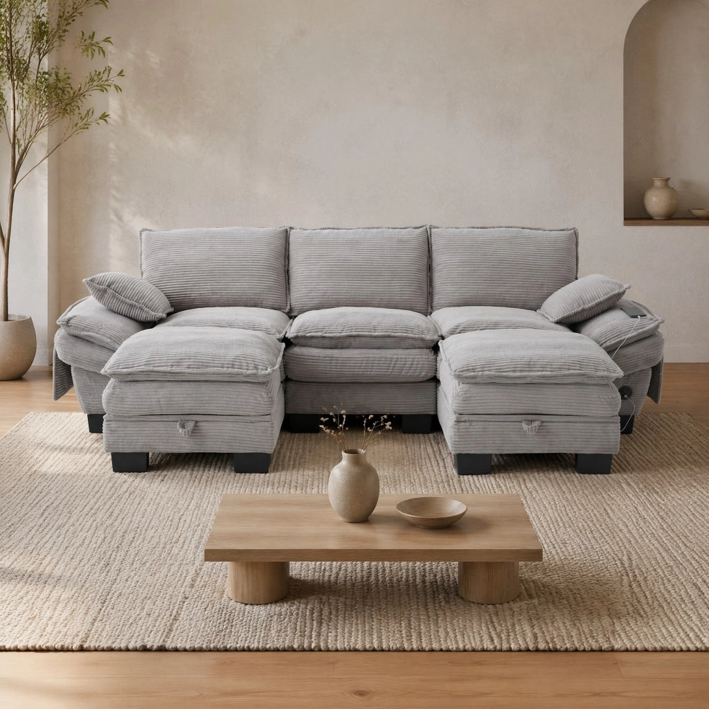 DIVANO 3 posti con 2 hocker, set da 3 pezzi, 260 x 132 x 84 cm, corduroy grigio chiaro