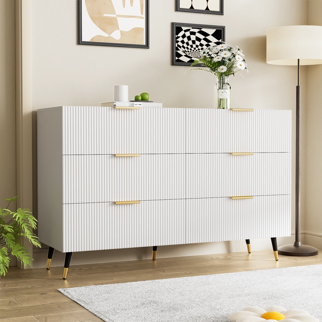 Credenza con 6 Cassetti; Maniglie e Gambe Dorate; Stile Moderno; in Pannello Truciolare; 120??40??77 cm; Bianco