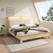 LETTO con LED e vano portaoggetti 140x200 cm in legno effetto quercia chiara e beige