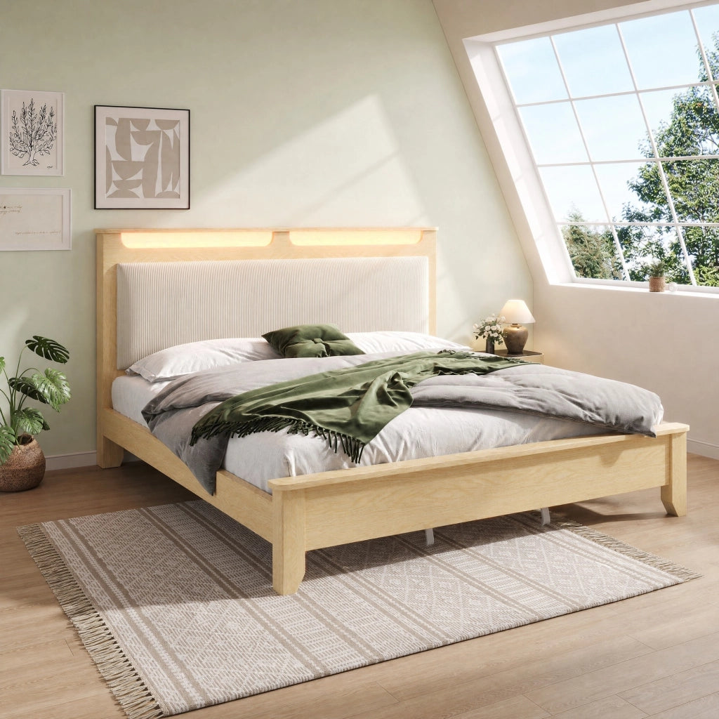 LETTO con LED e vano portaoggetti 140x200 cm in legno effetto quercia chiara e beige