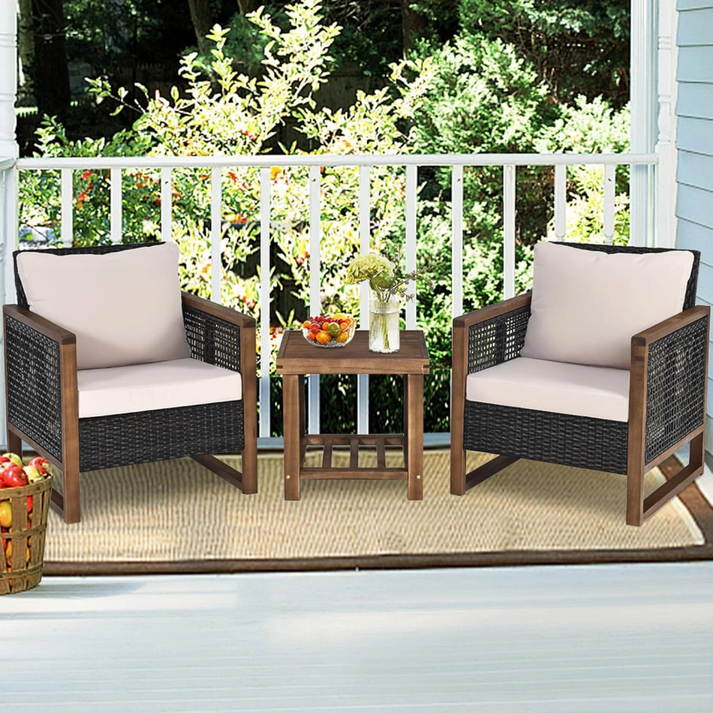 Set di 3 Pezzi di Mobili da Patio, 1 Tavolino in Legno di Acacia e 2 Sedie in Rattan PE, con Cuscini Lavabili, Set di Divani per Giardino Cortile Piscina Portico