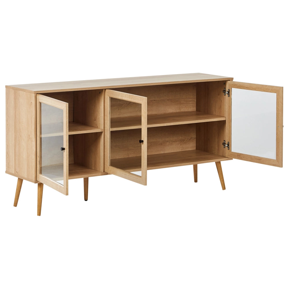 Credenza a 3 ante in truciolato marrone chiaro, gambe in legno di pino 2 ripiani con vetro frontale Stile minimalista