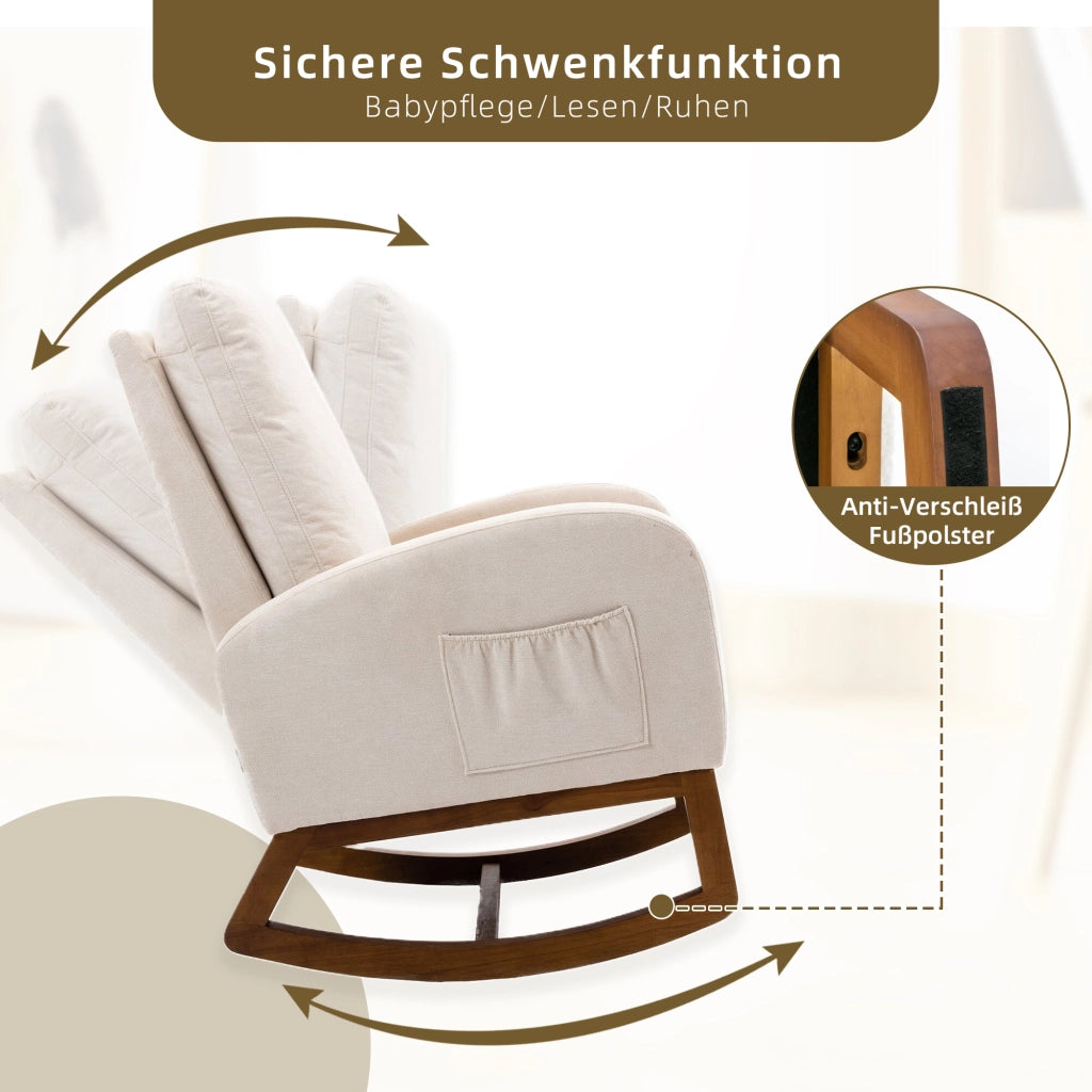Sedia a dondolo con schienale alto e tasche laterali in lino beige con braccioli lunghi e gambe in legno di gomma