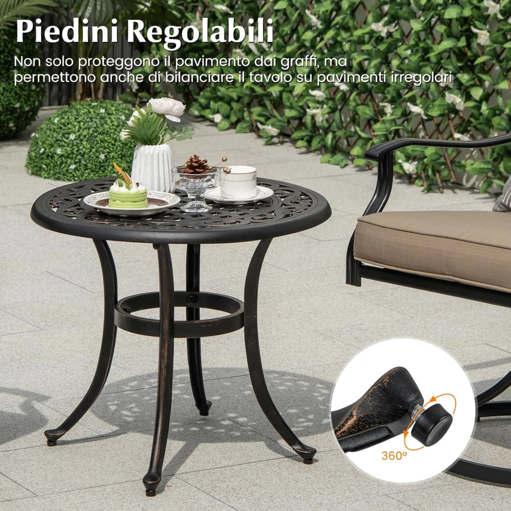 Tavolino da Giardino da 60 cm, Tavolino da Esterno in Alluminio Pressofuso con Piedini Regolabili, Tavolino in Metallo per Piscina, Terrazzo, Balcone, Porta 50 kg, 60 x 53 cm (Marrone Antico)