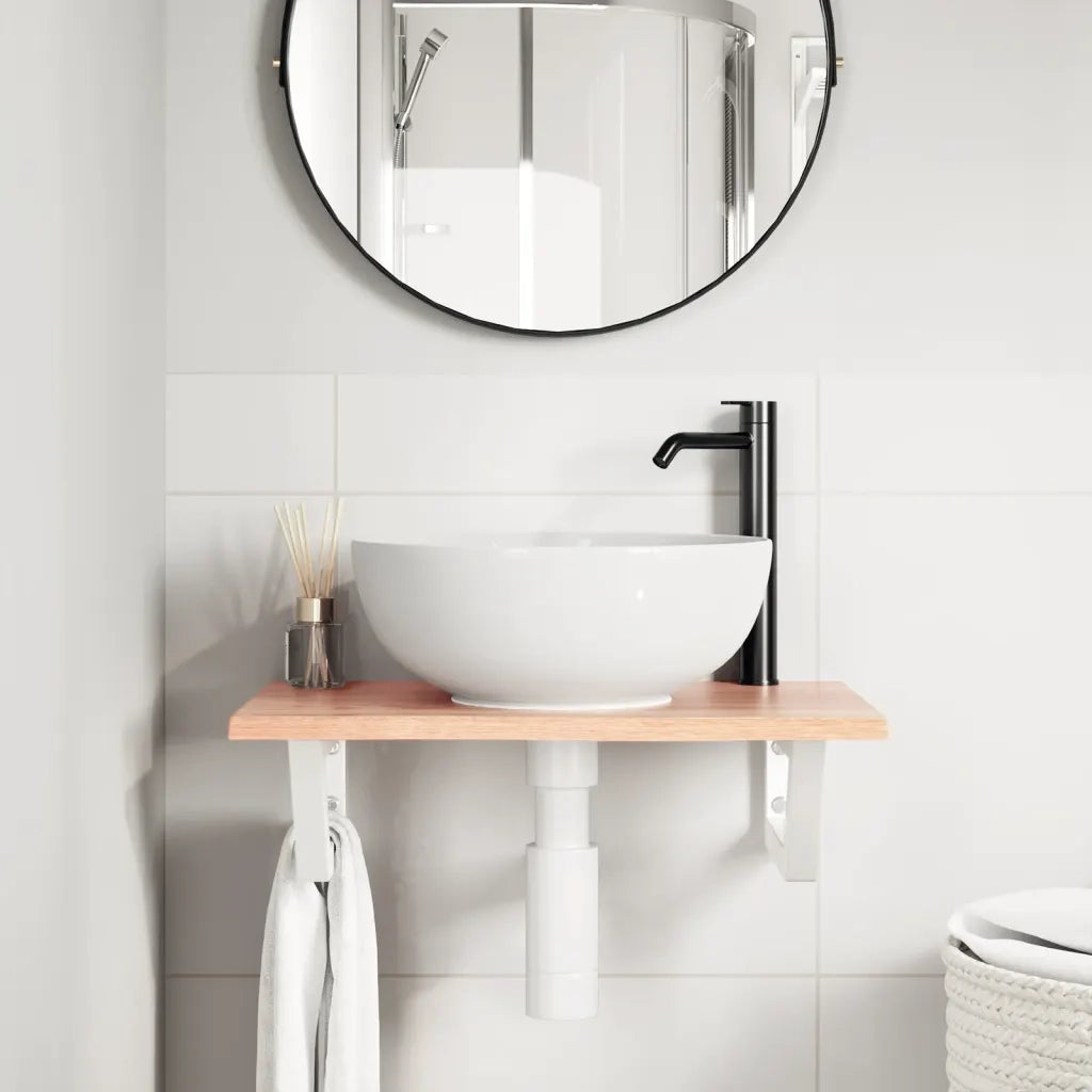 Ripiano a Parete per Lavabo-Mensole a Muro in Acciaio e Massello di Rovere 546142
